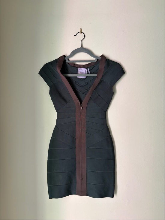 Herve Leger Dresses & Skirts - DIVAAA Herve Leger Forrest Green Mini Bandage Dress with Brown Trim